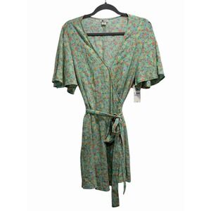 Billabong Womens All For You 2 Wrap Dress Green Ditsy Floral Flutter Sleeve M